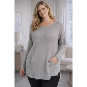 Daisy Fuentes Womens L Gray Knit Tunic Sweater Long Sleeve Cozy Pockets